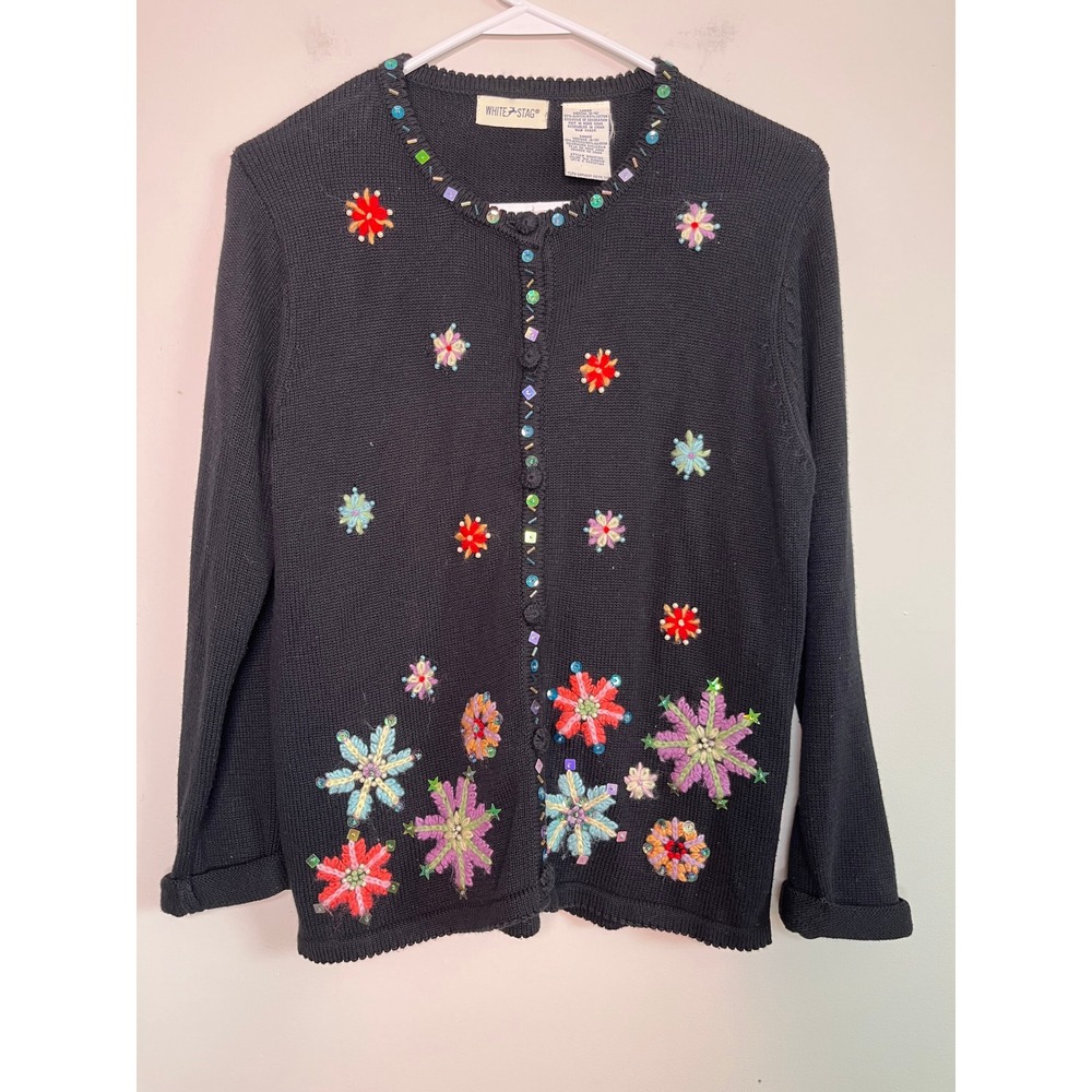 2000s White Stag Rainbow Pastel Snowflakes Christmas Winter Whimsical Cardigan M
